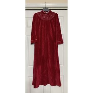 Vintage Heather Maxi Red Velour Velvet Robe House Coat Embroidered Zip M